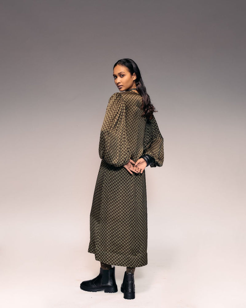 Olive Ajrakh Check Midi Dress satin Buy Olive Ajrakh Check Midi Dress from C&W | Dresses for Women by Kritika Murarka in olive color for women in Singapore