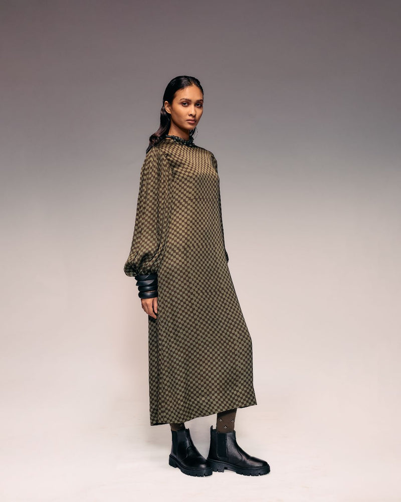 Olive Ajrakh Check Midi Dress satin Buy Olive Ajrakh Check Midi Dress from C&W | Dresses for Women by Kritika Murarka in olive color for women in Singapore