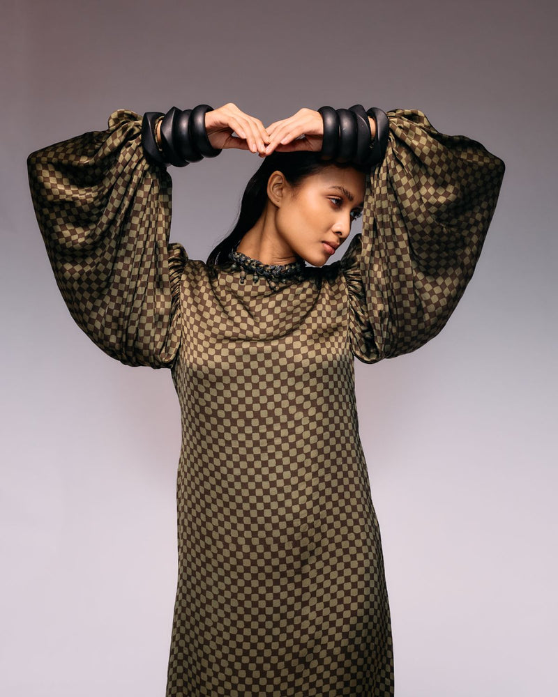 Olive Ajrakh Check Midi Dress satin Buy Olive Ajrakh Check Midi Dress from C&W | Dresses for Women by Kritika Murarka in olive color for women in Singapore