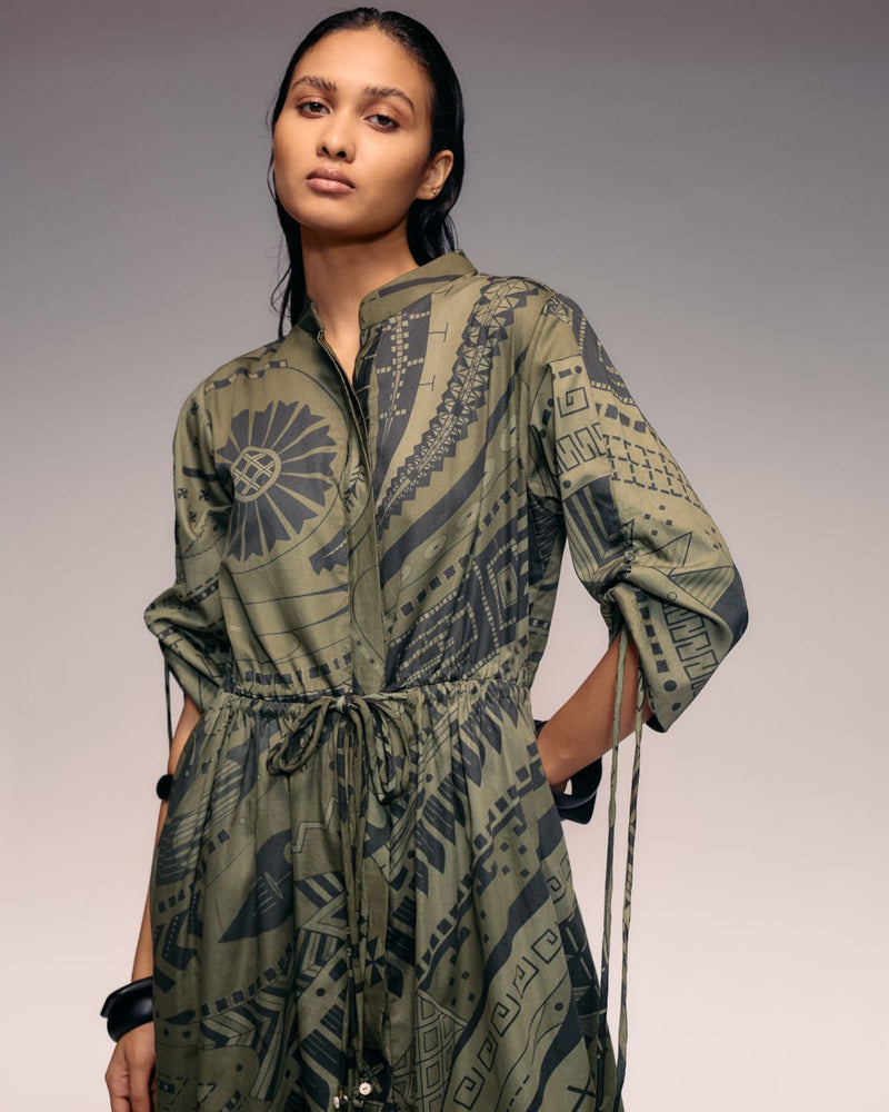 Olive Print Drawstring dress cotton Buy Olive Print Drawstring dress from C&W | Dresses for Women by Kritika Murarka in olive color for women in Singapore