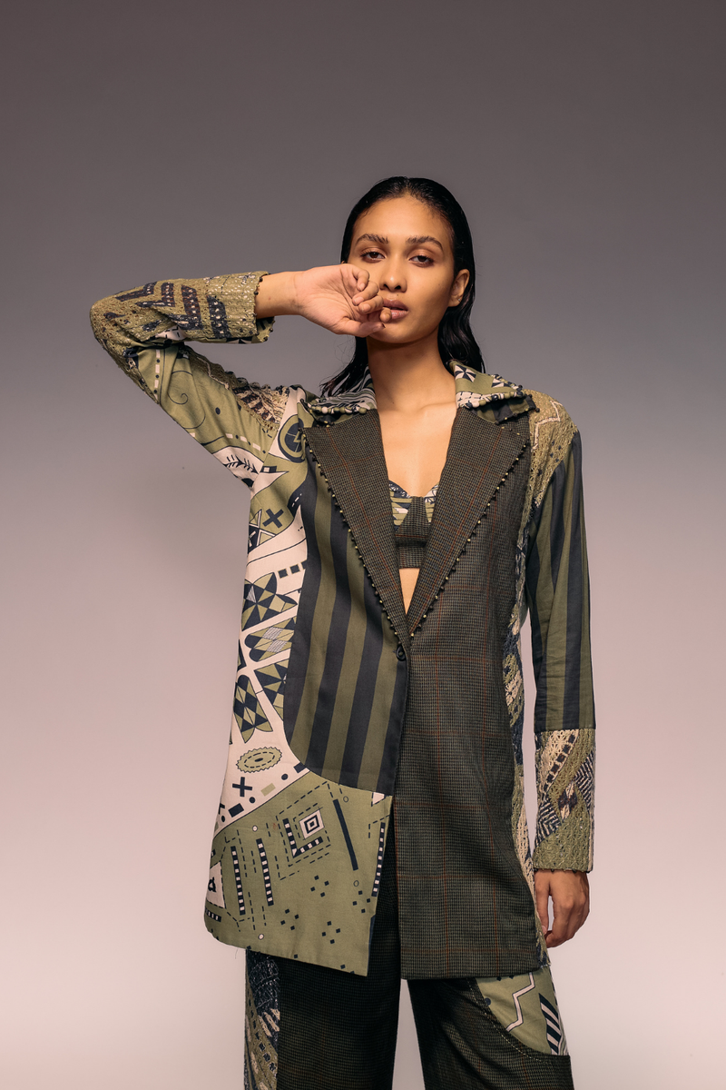 Olive Patch Blazer cotton Buy Olive Patch Blazer from C&W | Jackets And Overlays for Women by Kritika Murarka in olive color for women in Singapore