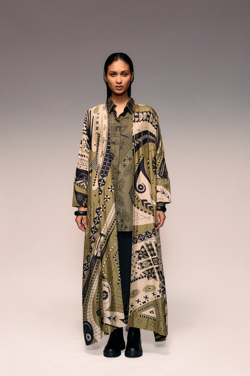 Olive Print Silk Cape silk Buy Olive Print Silk Cape from C&W | Jackets And Overlays for Women by Kritika Murarka in olive color for women in Singapore