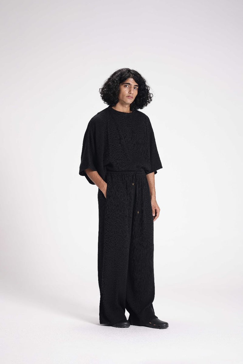 Textured Drawstring Straight Pant cotton by Turn Black in black color for men in Singapore