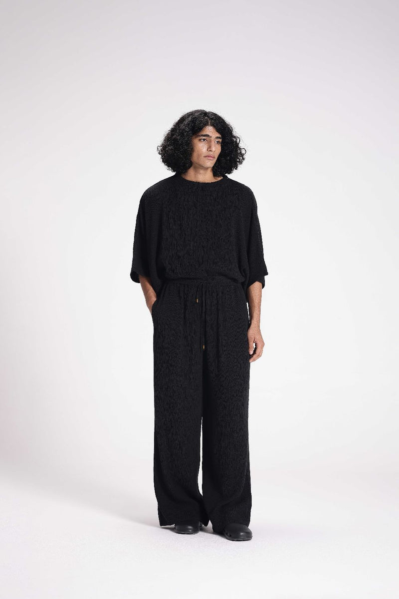 Textured Drawstring Straight Pant cotton by Turn Black in black color for men in Singapore