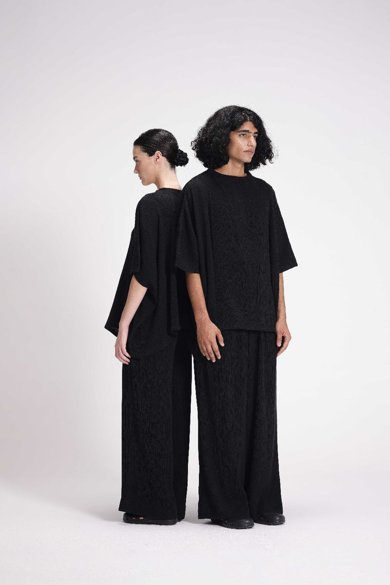 Textured Drawstring Straight Pant cotton by Turn Black in black color for men in Singapore