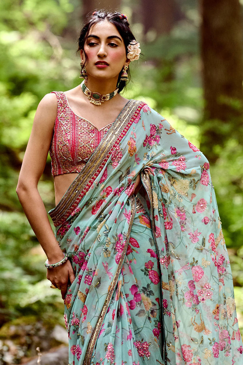 Mariam Saree Set georgettte by Paulmi & Harsh-kahan Sep'26 in blue for women in Singapore