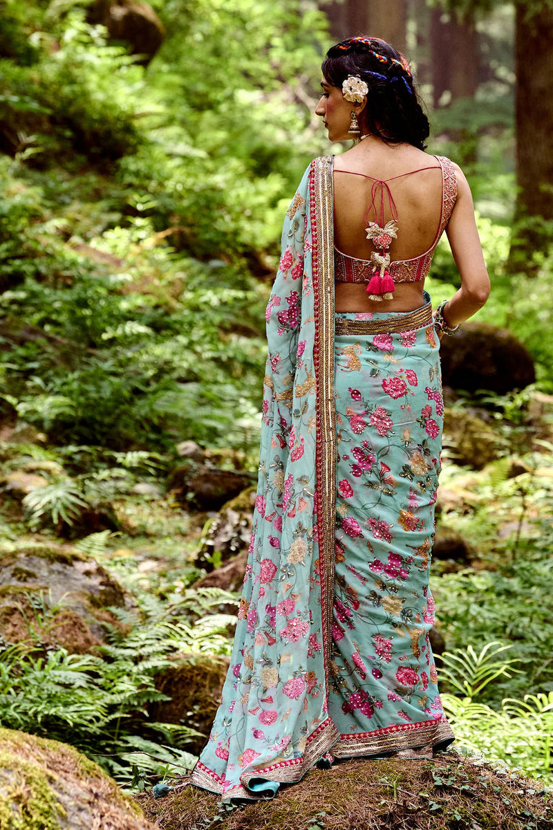 Mariam Saree Set georgettte by Paulmi & Harsh-kahan Sep'26 in blue for women in Singapore