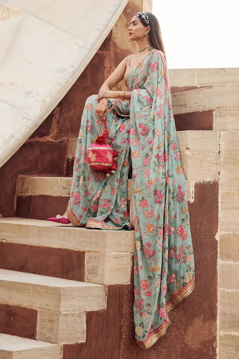 Mariam Saree Set georgettte by Paulmi & Harsh-kahan Sep'26 in blue for women in Singapore