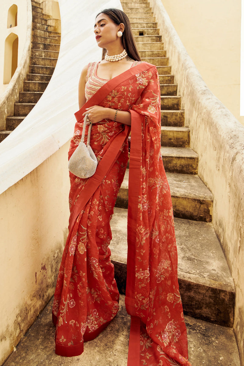 Garnet Saree Set organza by Paulmi & Harsh-kahan Sep'26 in red for women in Singapore