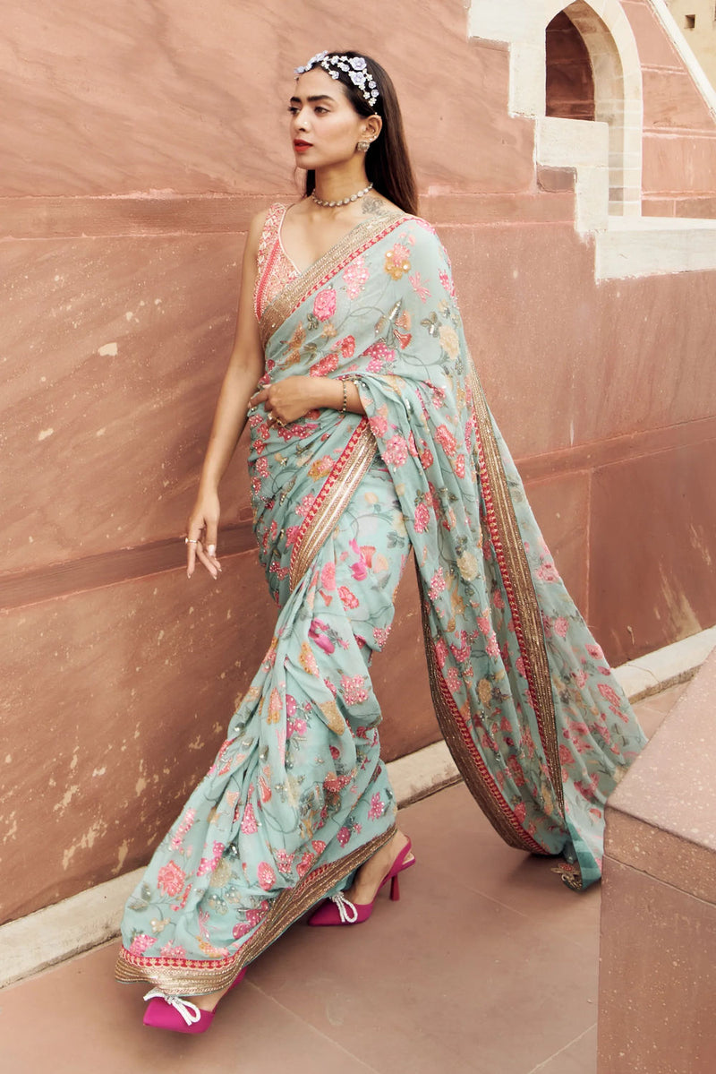 Mariam Saree Set georgettte by Paulmi & Harsh-kahan Sep'26 in blue for women in Singapore