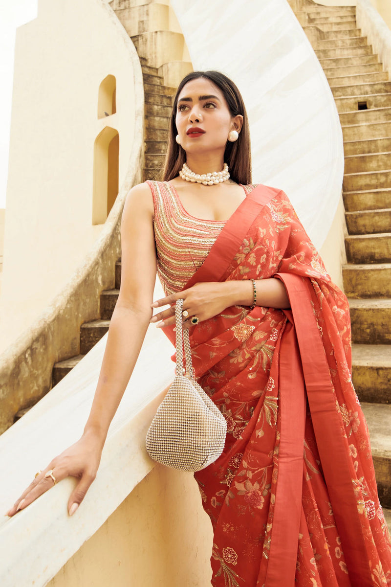 Garnet Saree Set organza by Paulmi & Harsh-kahan Sep'26 in red for women in Singapore