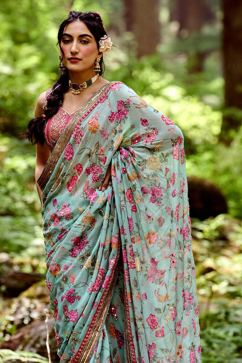 Mariam Saree Set georgettte by Paulmi & Harsh-kahan Sep'26 in blue for women in Singapore