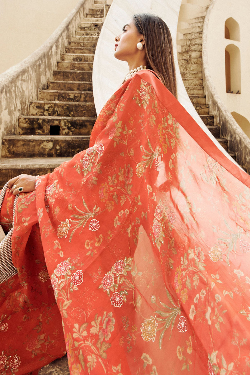Garnet Saree Set organza by Paulmi & Harsh-kahan Sep'26 in red for women in Singapore