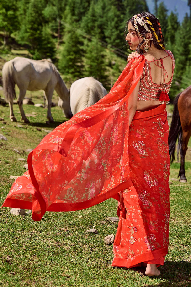 Garnet Saree Set organza by Paulmi & Harsh-kahan Sep'26 in red for women in Singapore