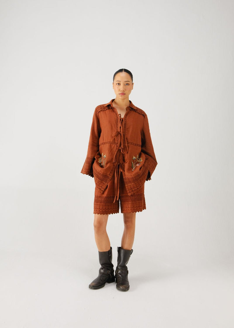 Tie up set-Rust bloom emb. linen by CORD for women in Singapore