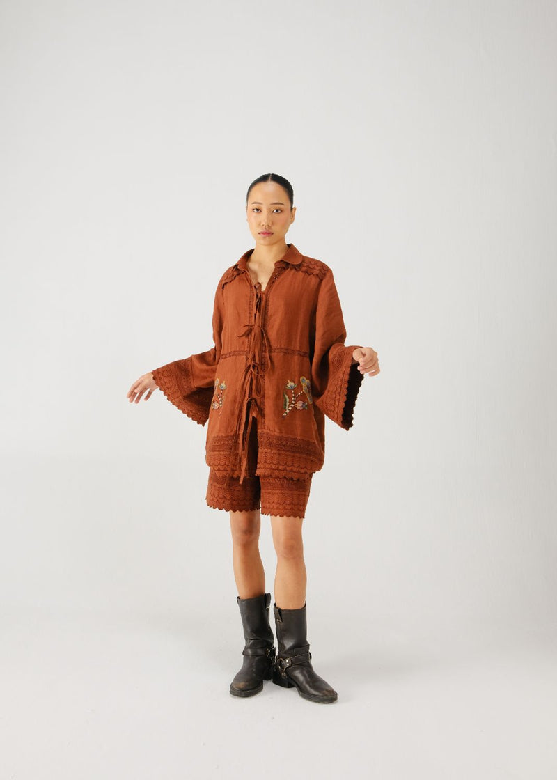 Tie up set-Rust bloom emb. linen by CORD for women in Singapore