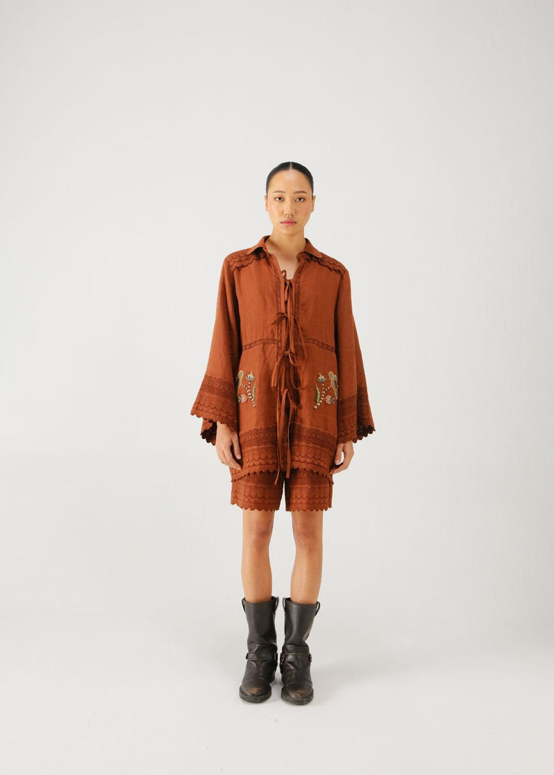 Tie up set-Rust bloom emb. linen by CORD for women in Singapore