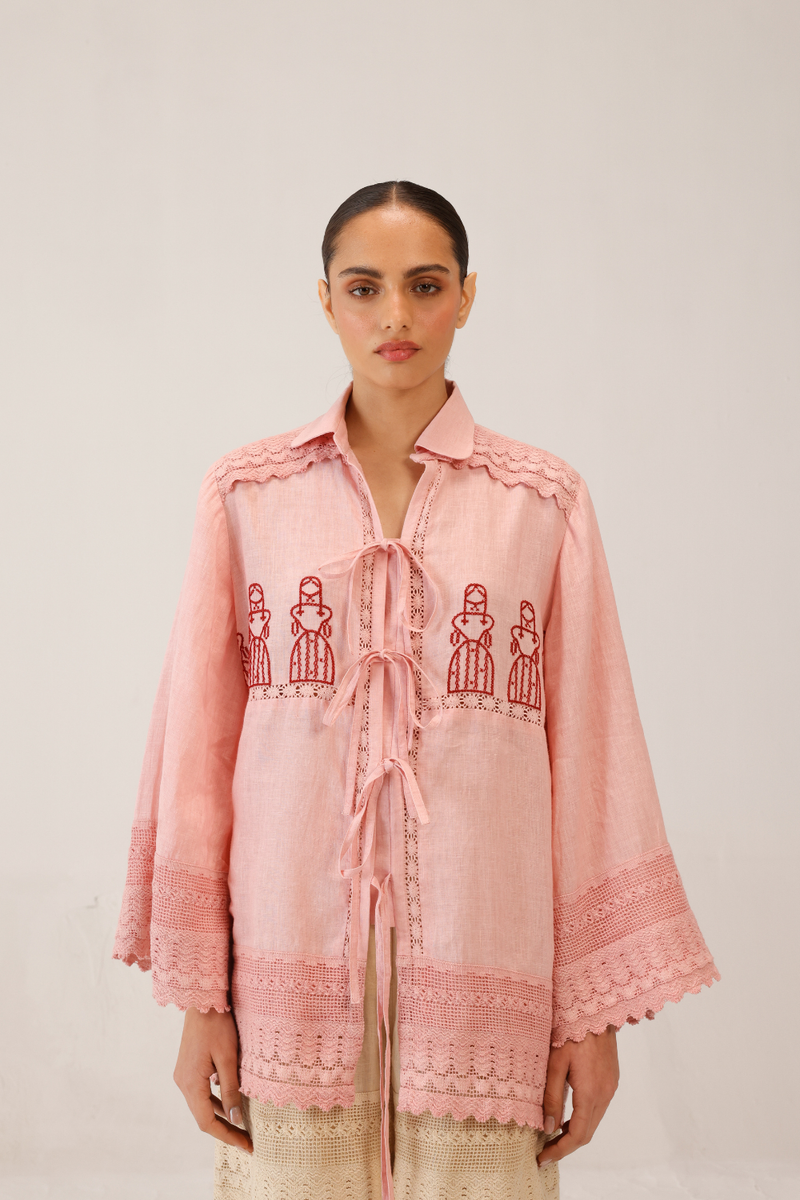 TIE UP SHIRT - ROSE DOLL CROSSTITCH all linen by CORD for women in Singapore