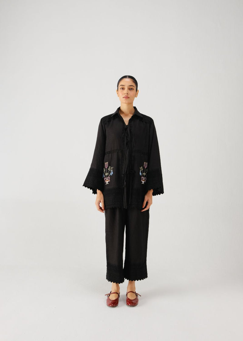 Tie up shirt-Black bead emb. linen by CORD for women in Singapore