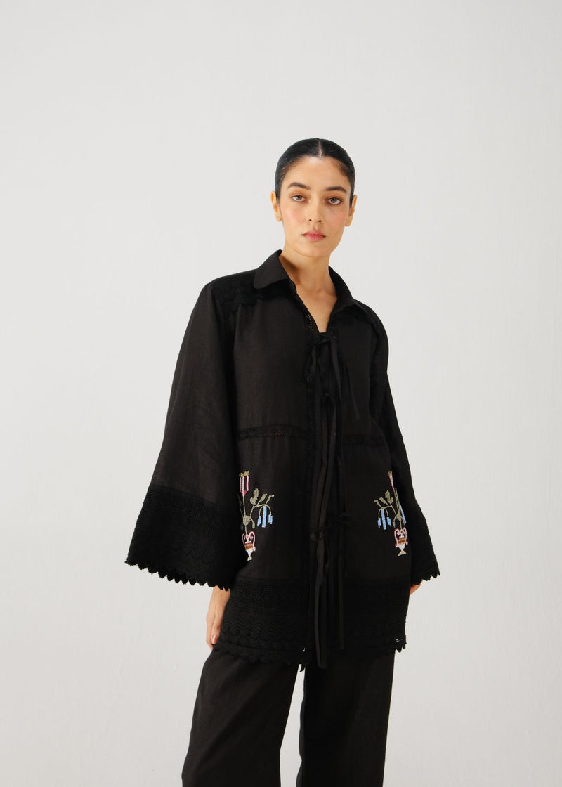 Tie up shirt-Black bead emb. linen by CORD for women in Singapore