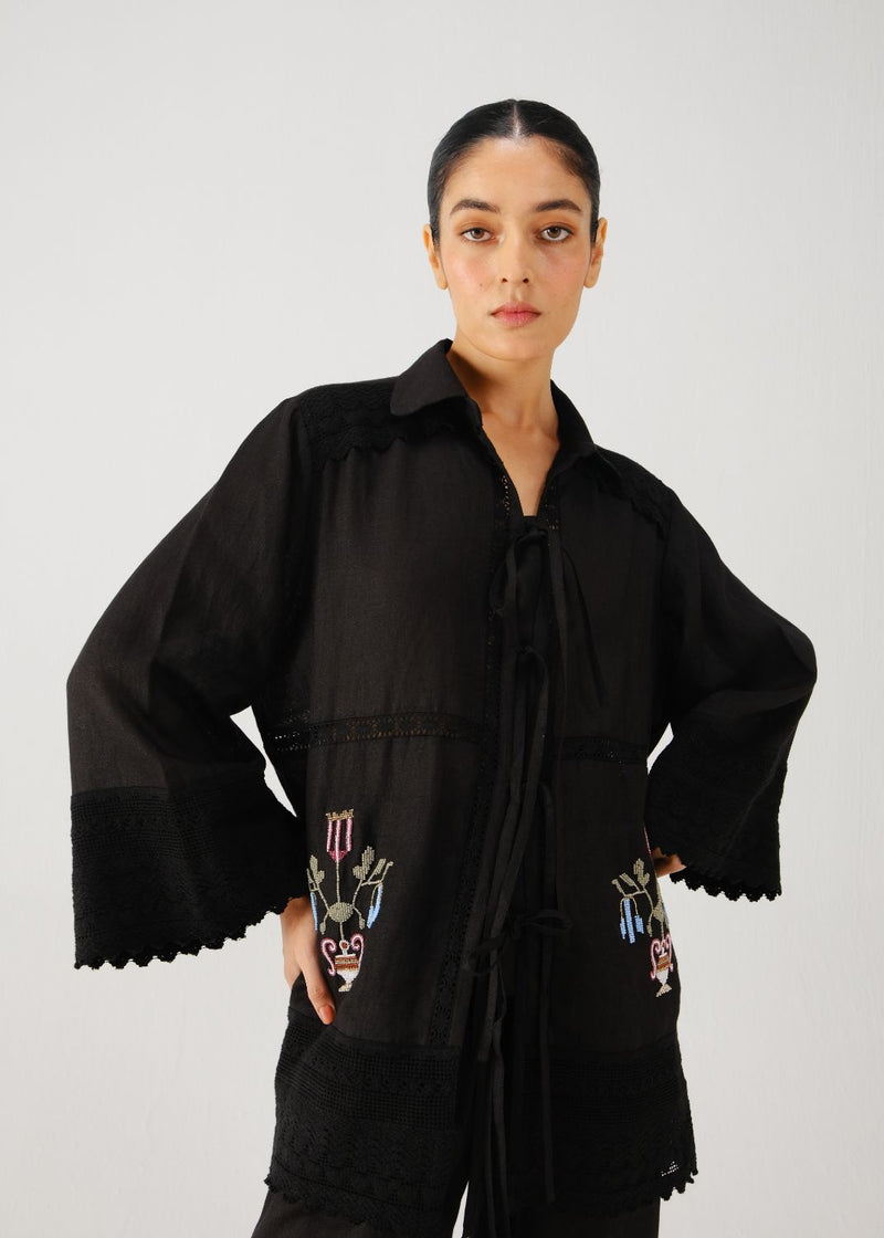Tie up shirt-Black bead emb. linen by CORD for women in Singapore