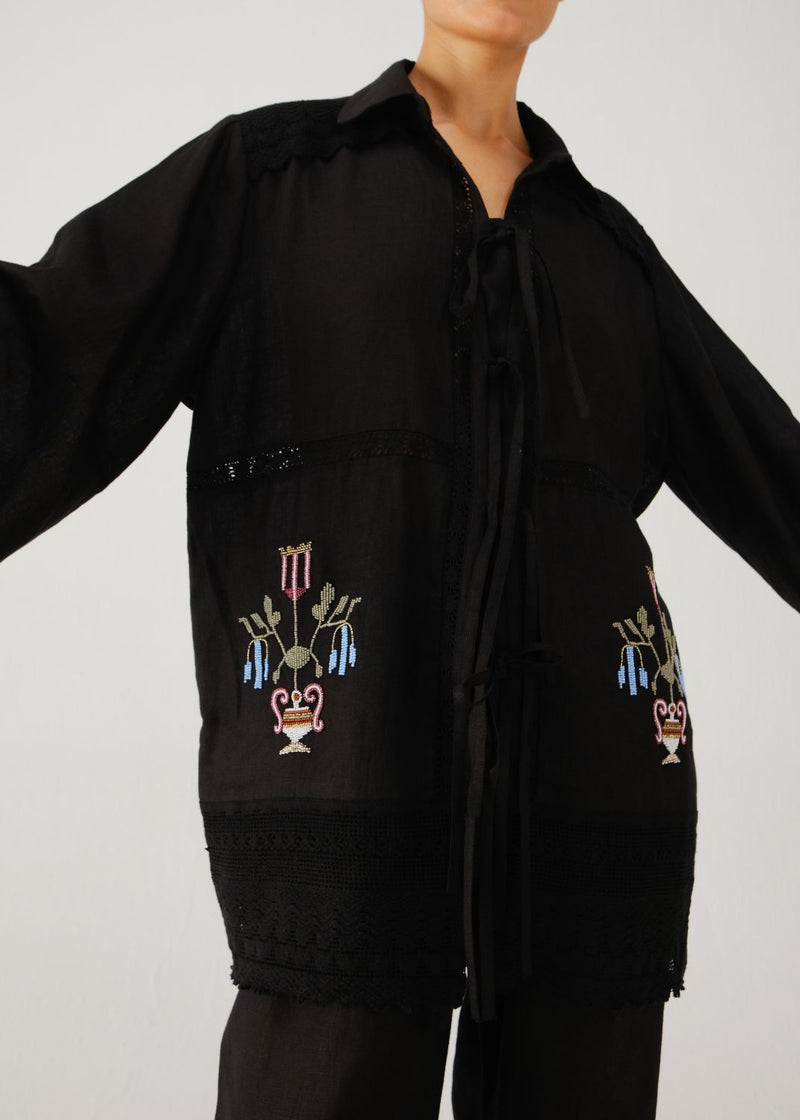 Tie up shirt-Black bead emb. linen by CORD for women in Singapore