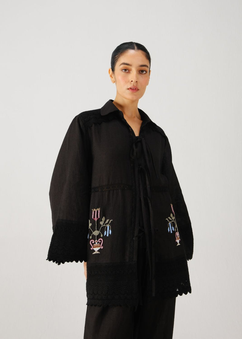 Tie up shirt-Black bead emb. linen by CORD for women in Singapore
