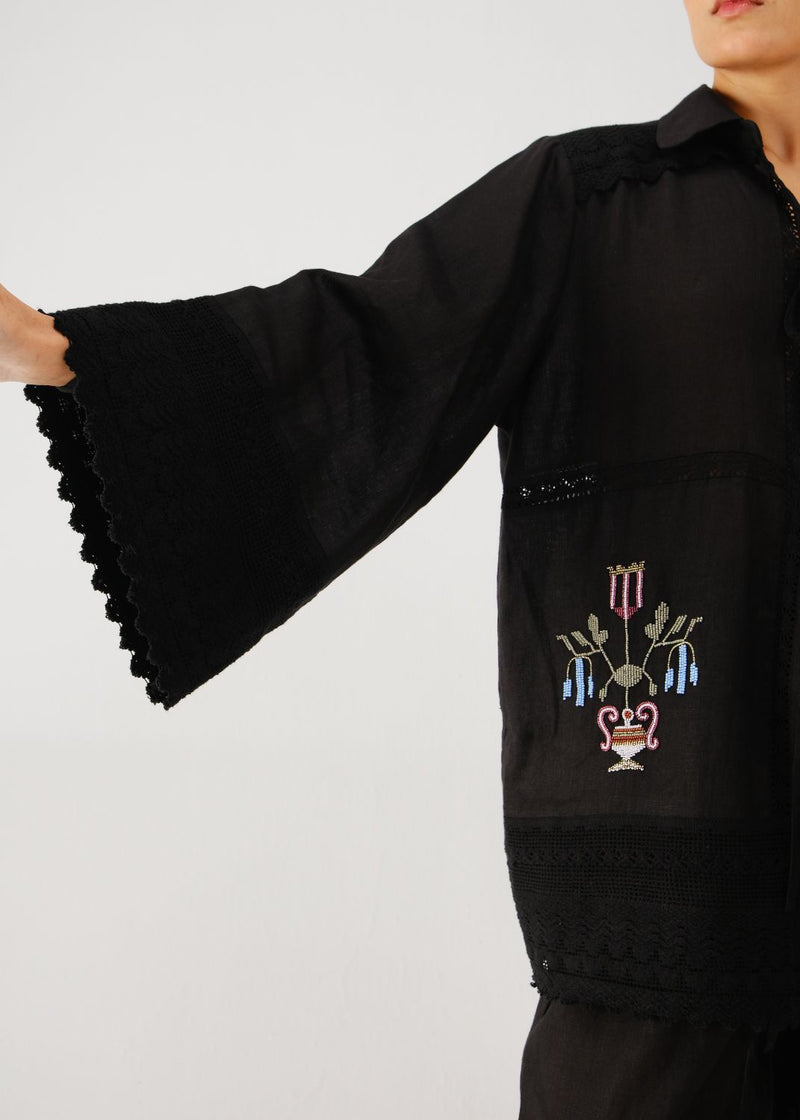 Tie up shirt-Black bead emb. linen by CORD for women in Singapore