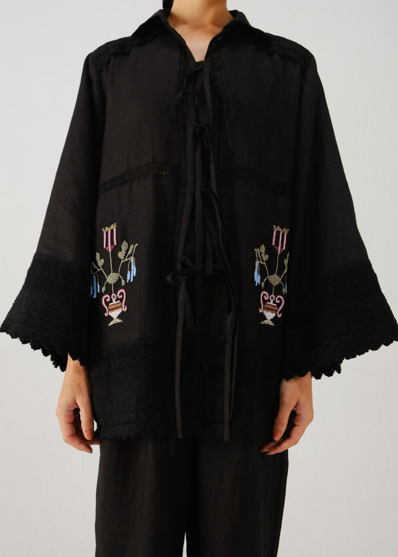 Tie up shirt-Black bead emb. linen by CORD for women in Singapore