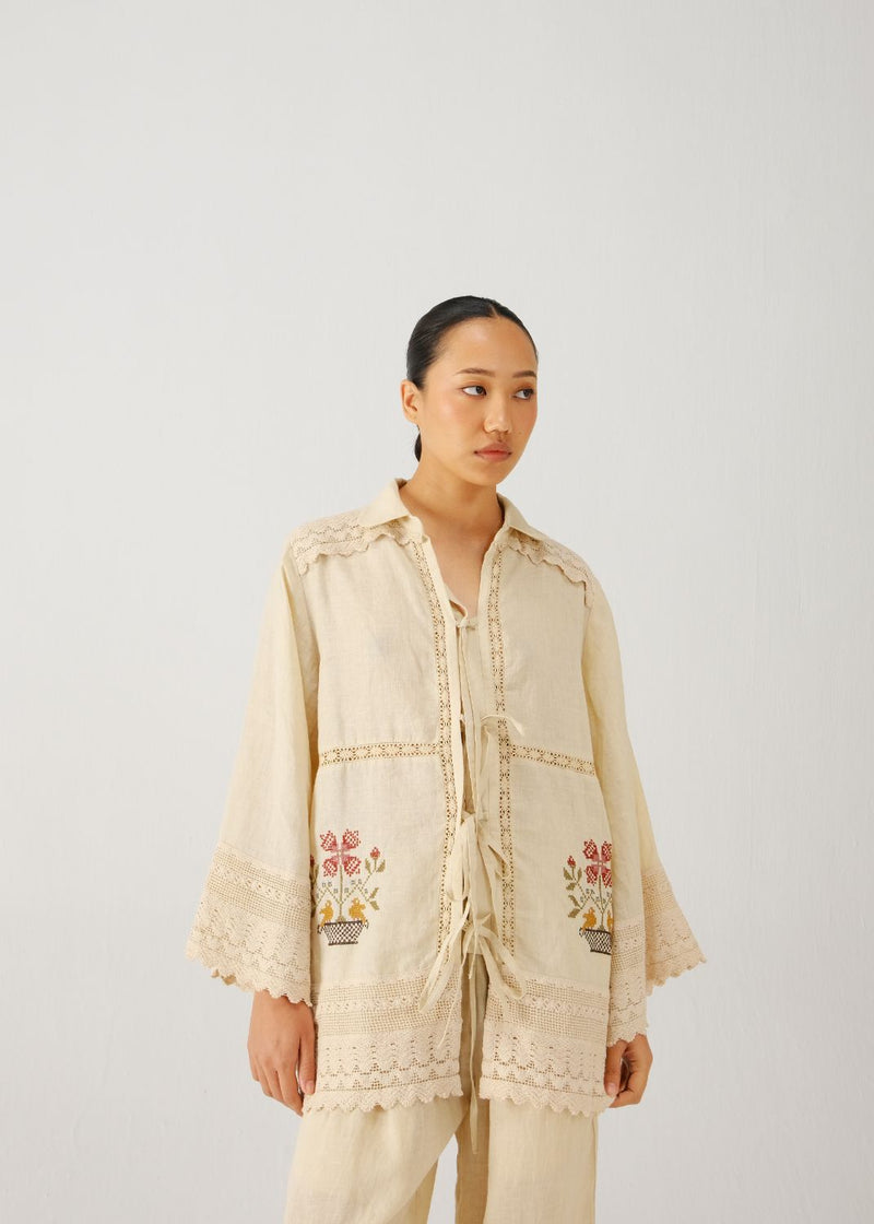 Tie up shirt-Ivory vase emb. linen by CORD for women in Singapore