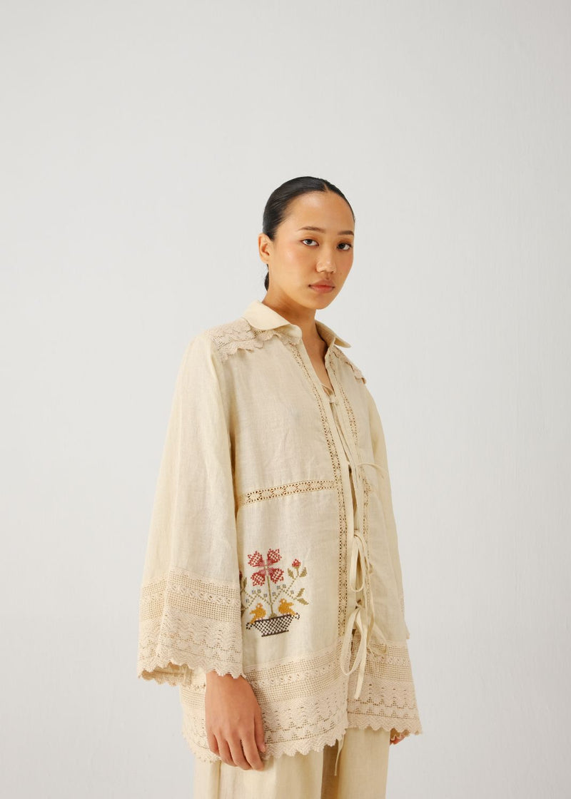 Tie up shirt-Ivory vase emb. linen by CORD for women in Singapore