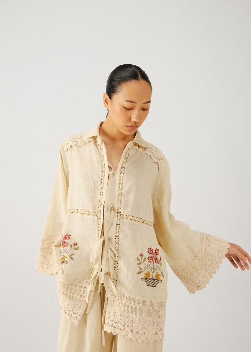 Tie up shirt-Ivory vase emb. linen by CORD for women in Singapore