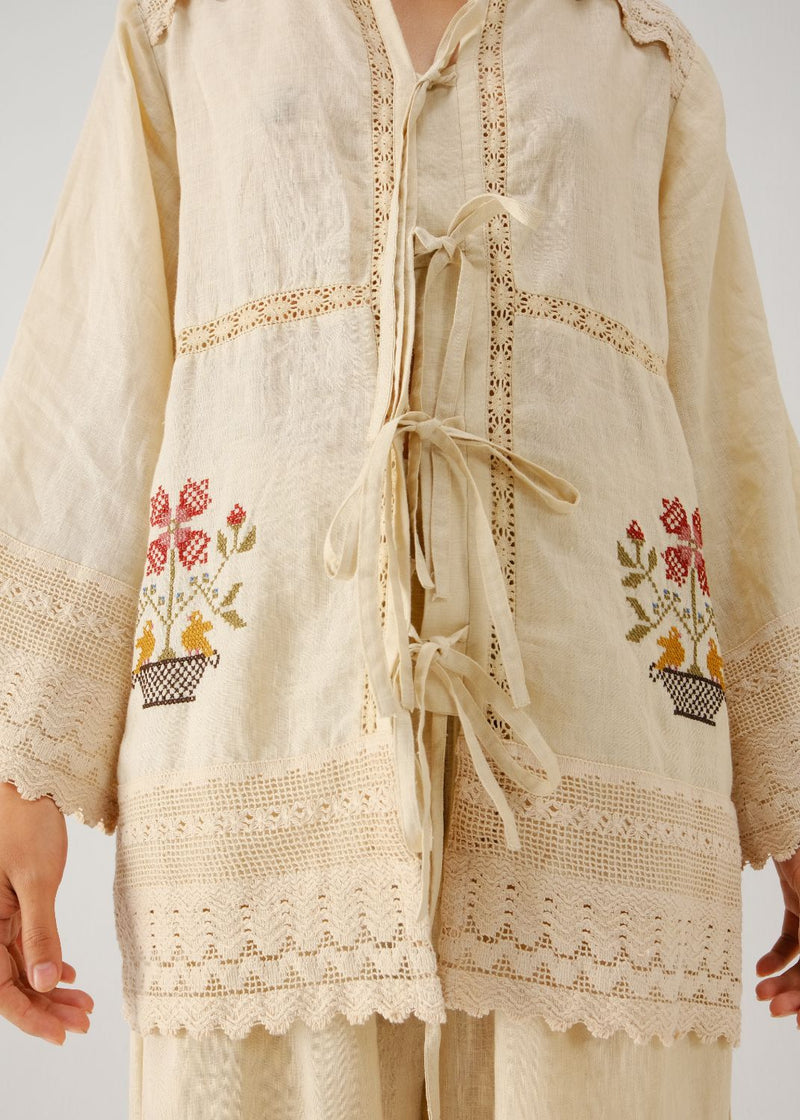 Tie up shirt-Ivory vase emb. linen by CORD for women in Singapore