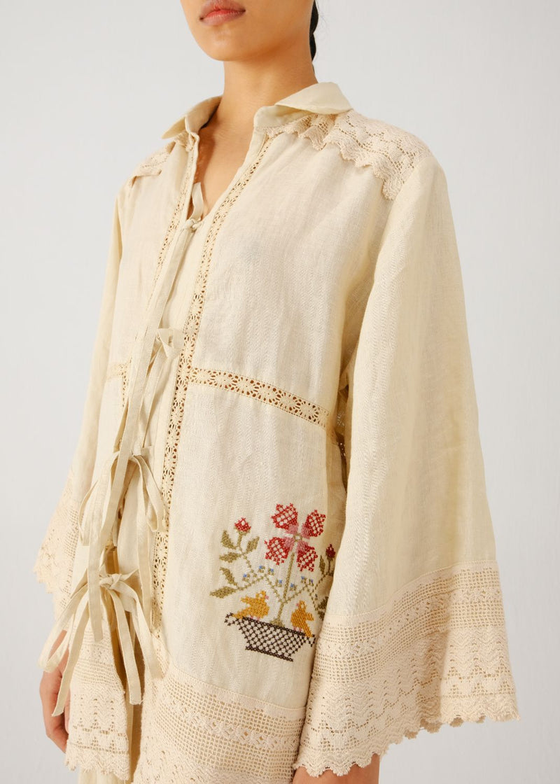 Tie up shirt-Ivory vase emb. linen by CORD for women in Singapore