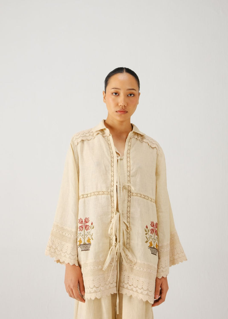 Tie up shirt-Ivory vase emb. linen by CORD for women in Singapore