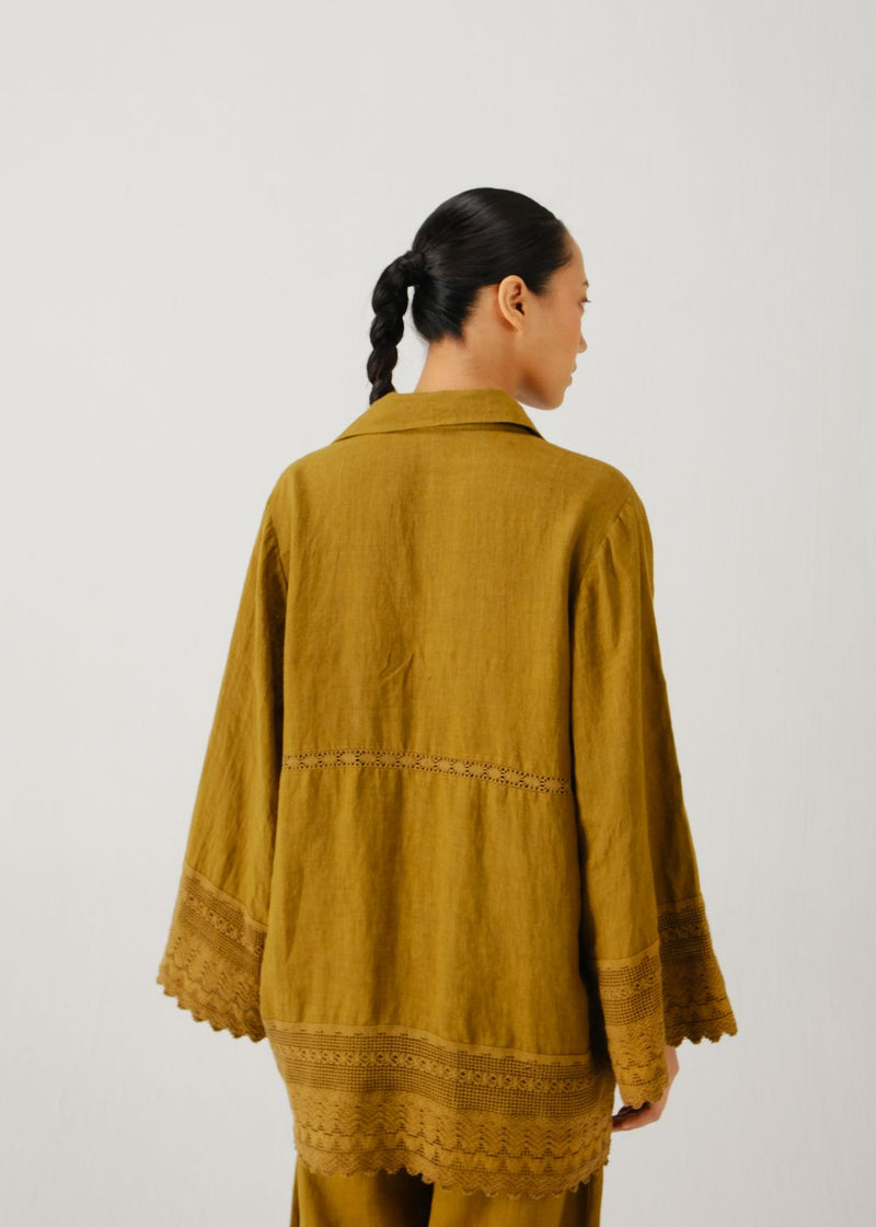 Tie up shirt-Olive parrot emb. linen by CORD for women in Singapore