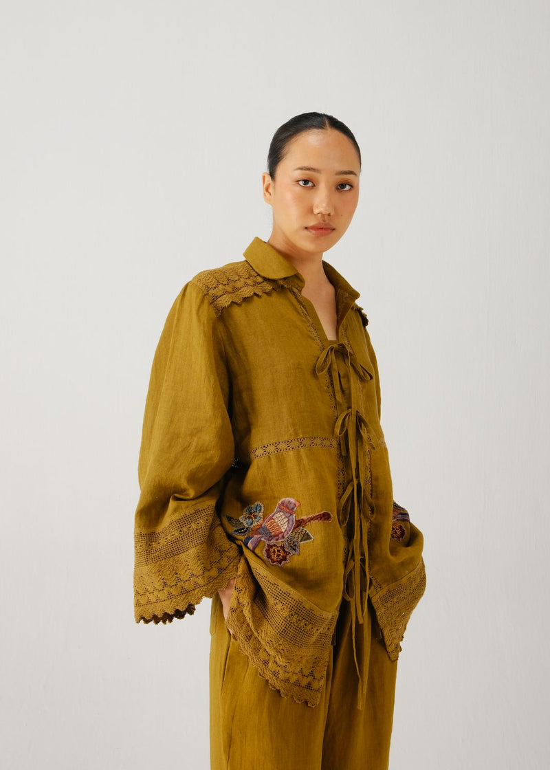 Tie up shirt-Olive parrot emb. linen by CORD for women in Singapore