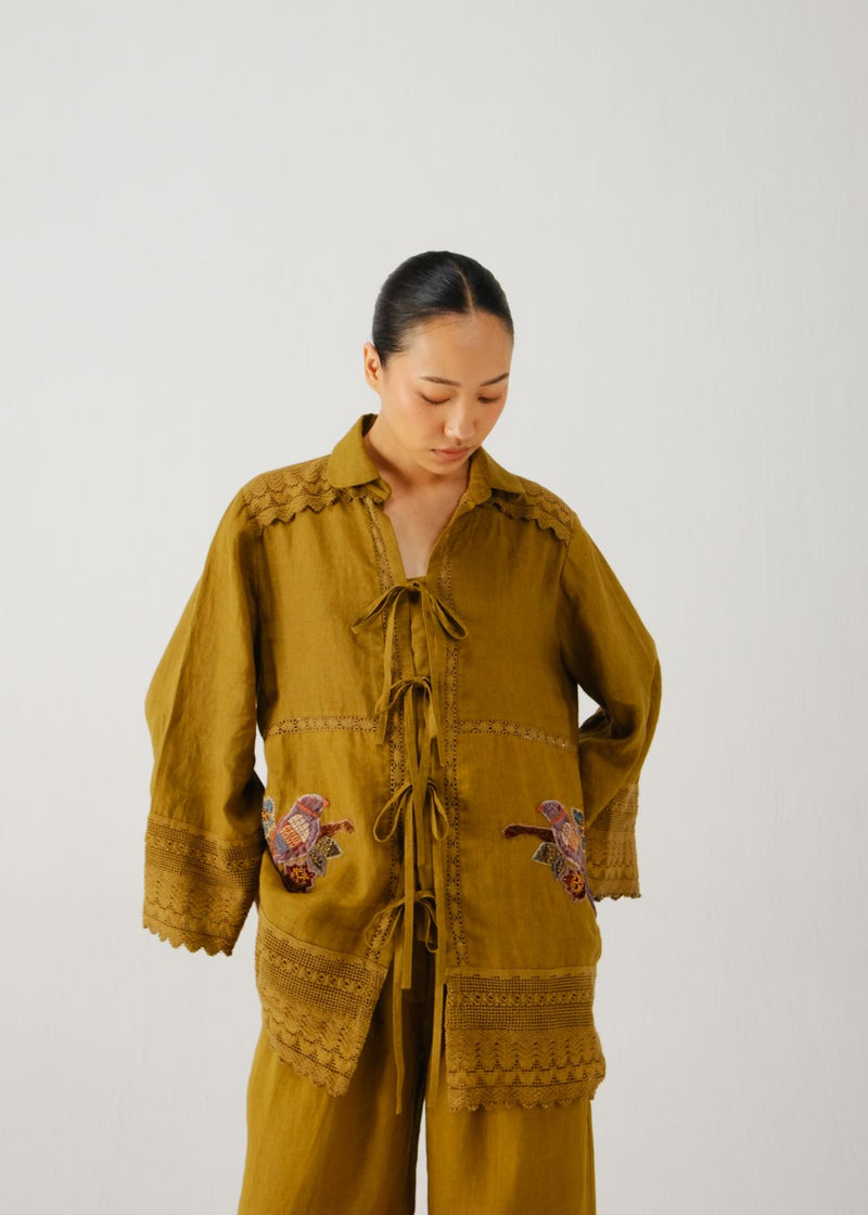 Tie up shirt-Olive parrot emb. linen by CORD for women in Singapore