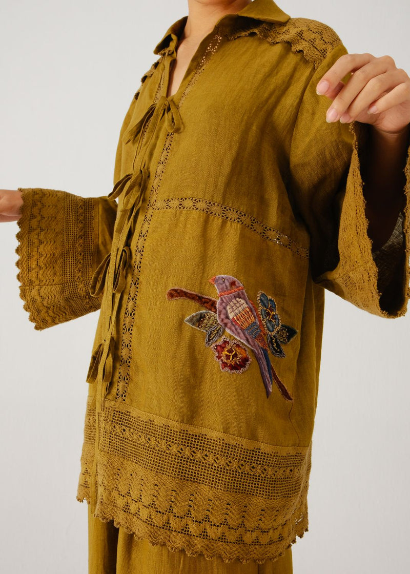 Tie up shirt-Olive parrot emb. linen by CORD for women in Singapore