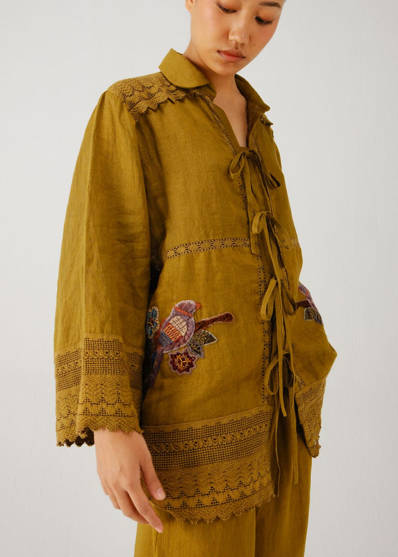 Tie up shirt-Olive parrot emb. linen by CORD for women in Singapore