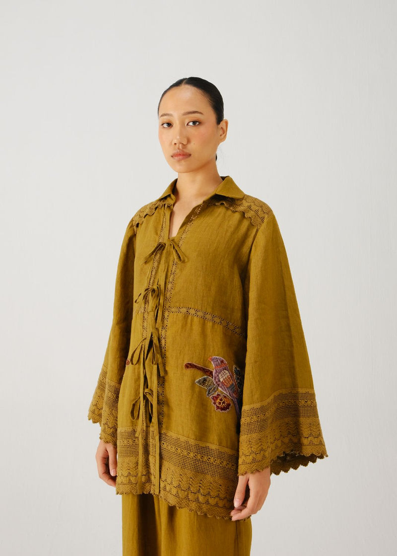 Tie up shirt-Olive parrot emb. linen by CORD for women in Singapore