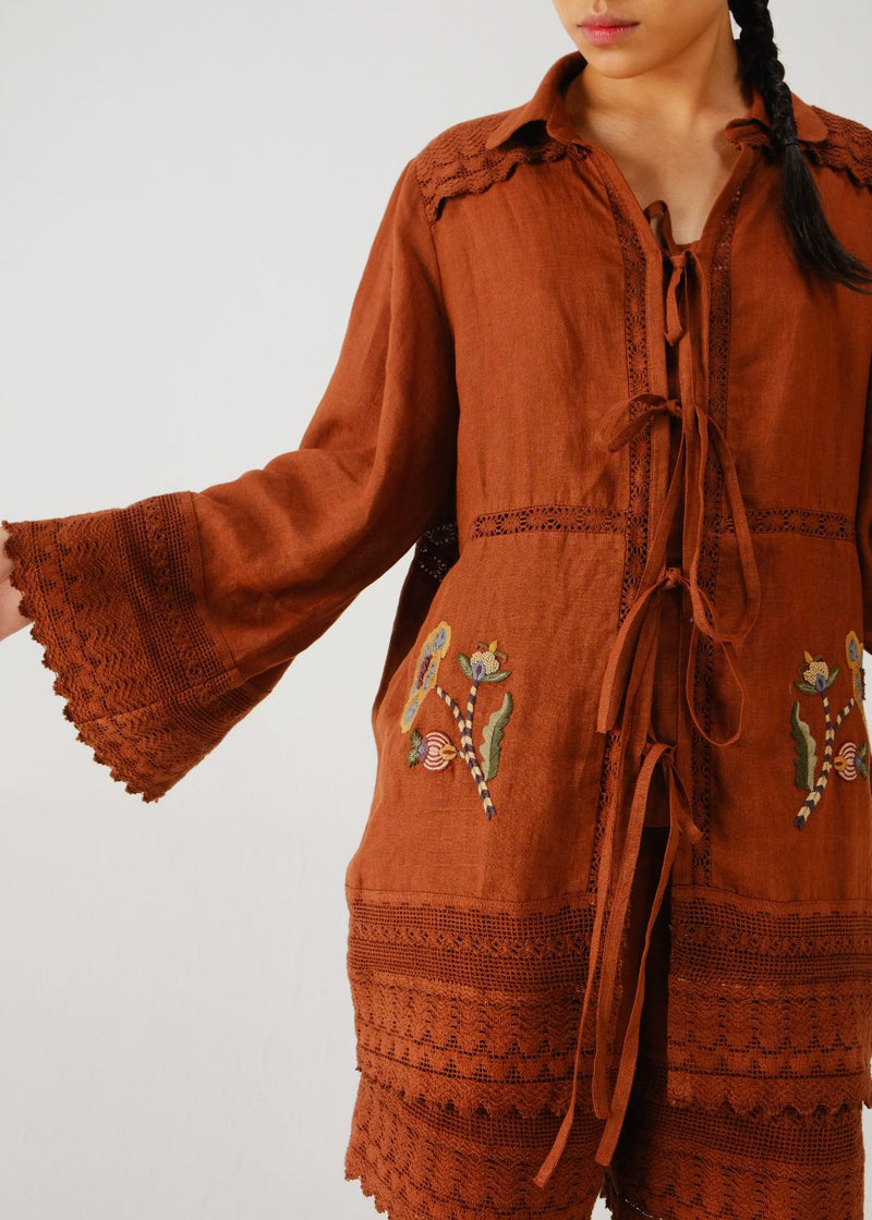 Tie up shirt-Rust bloom emb. linen by CORD for women in Singapore