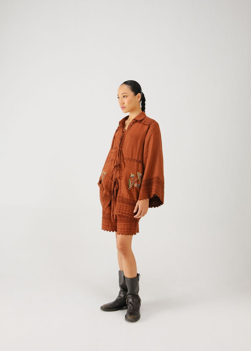 Tie up shirt-Rust bloom emb. linen by CORD for women in Singapore