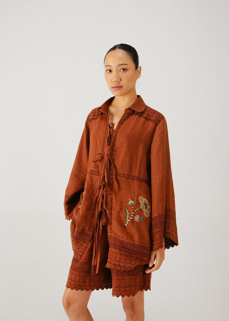 Tie up shirt-Rust bloom emb. linen by CORD for women in Singapore