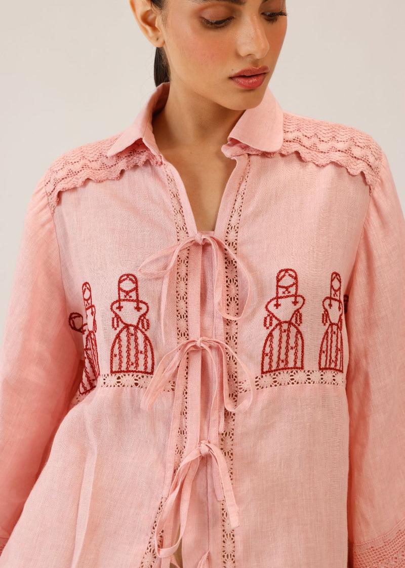 TIE UP SHIRT - ROSE DOLL CROSSTITCH all linen by CORD for women in Singapore