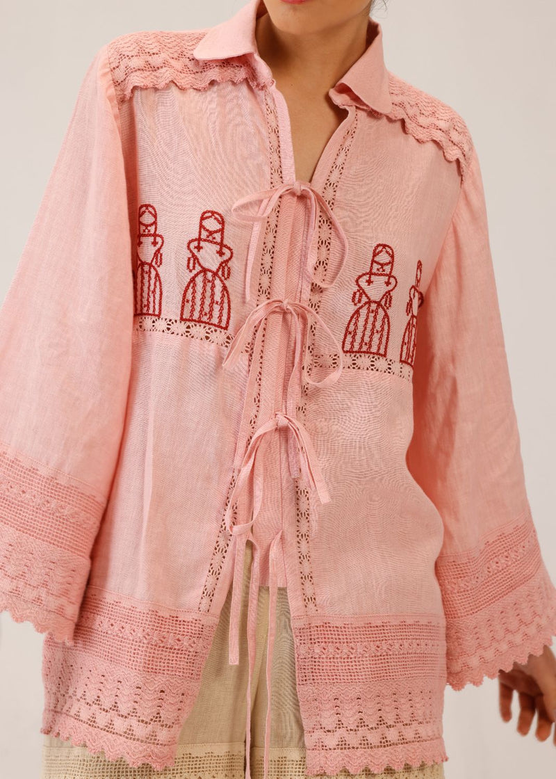 TIE UP SHIRT - ROSE DOLL CROSSTITCH all linen by CORD for women in Singapore