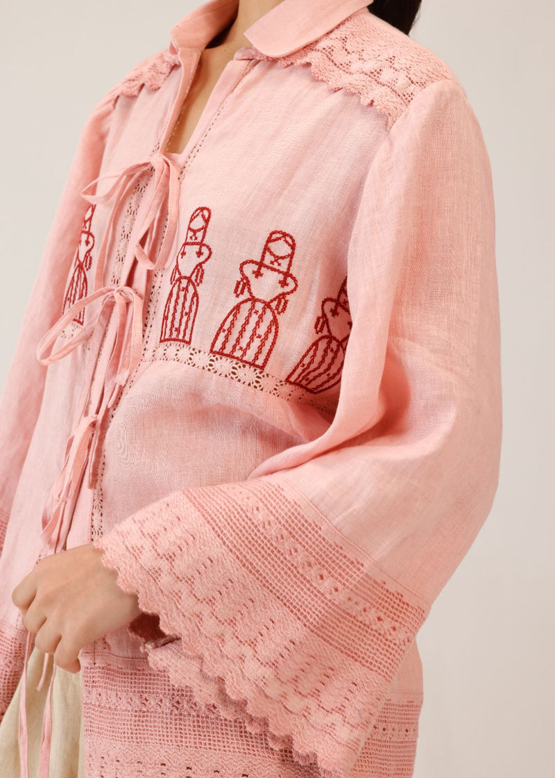 TIE UP SHIRT - ROSE DOLL CROSSTITCH all linen by CORD for women in Singapore
