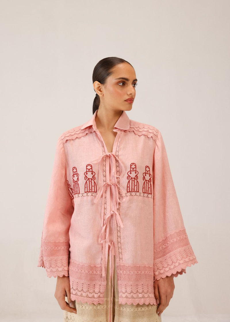 TIE UP SHIRT - ROSE DOLL CROSSTITCH all linen by CORD for women in Singapore