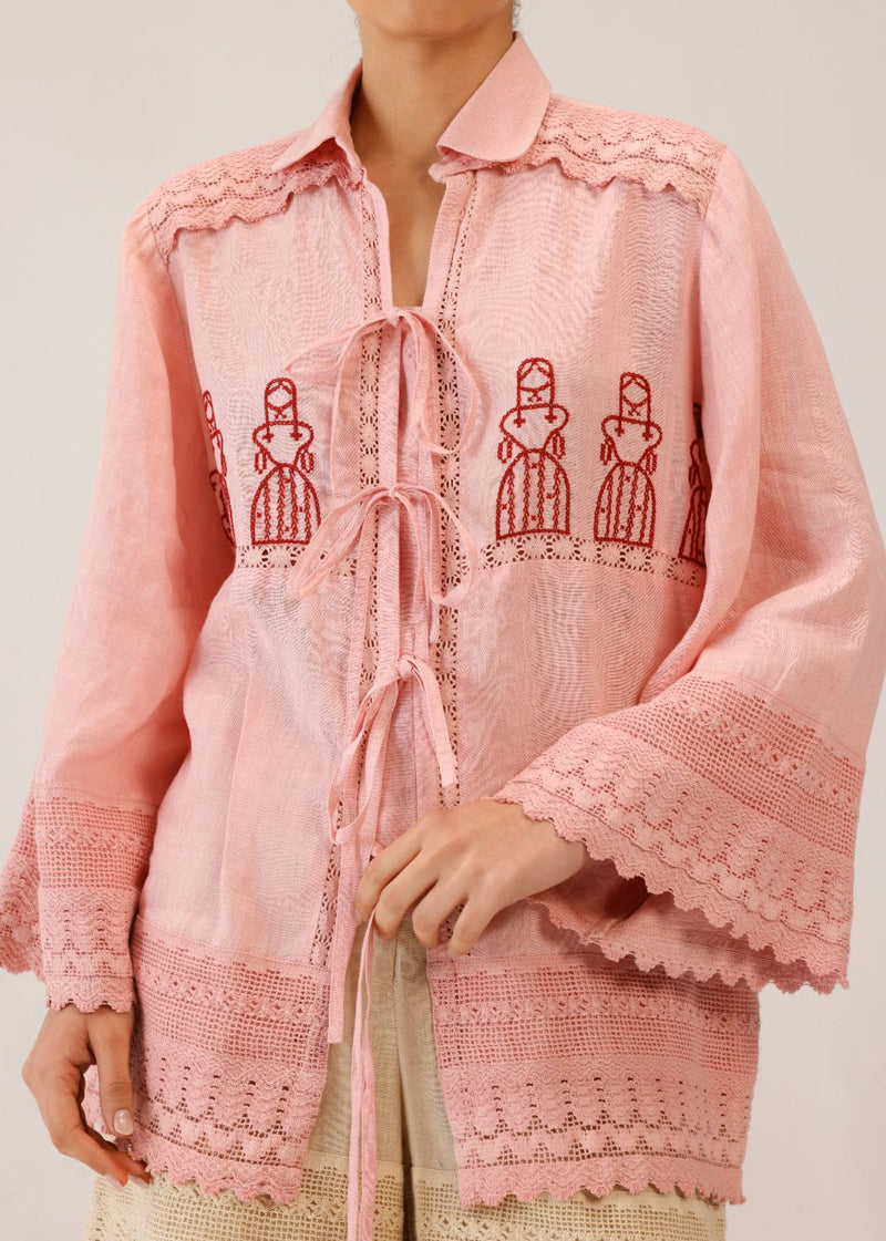 TIE UP SHIRT - ROSE DOLL CROSSTITCH all linen by CORD for women in Singapore