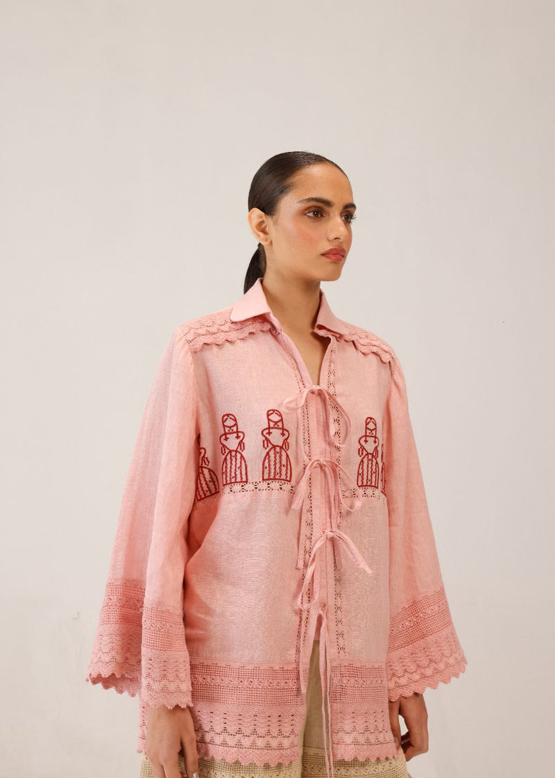 TIE UP SHIRT - ROSE DOLL CROSSTITCH all linen by CORD for women in Singapore